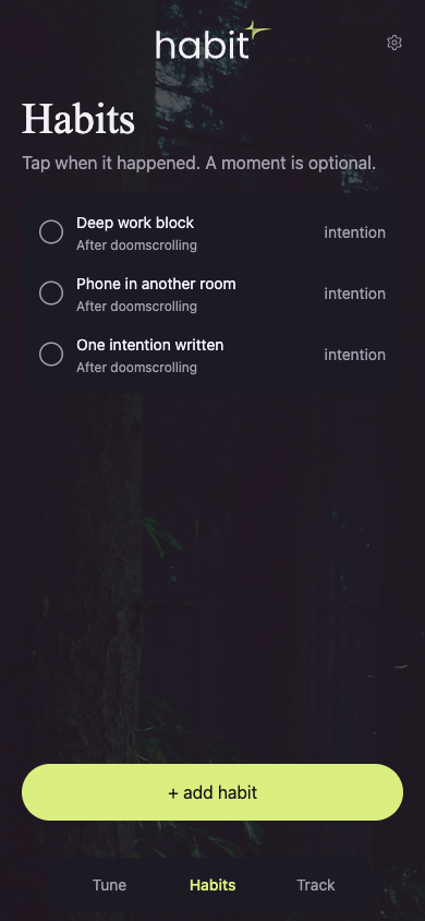 Habits list with lime check-off rows