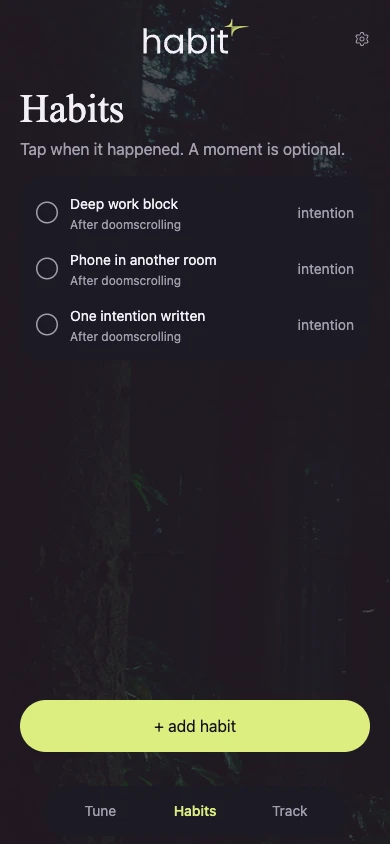 Habits list with lime check-off rows